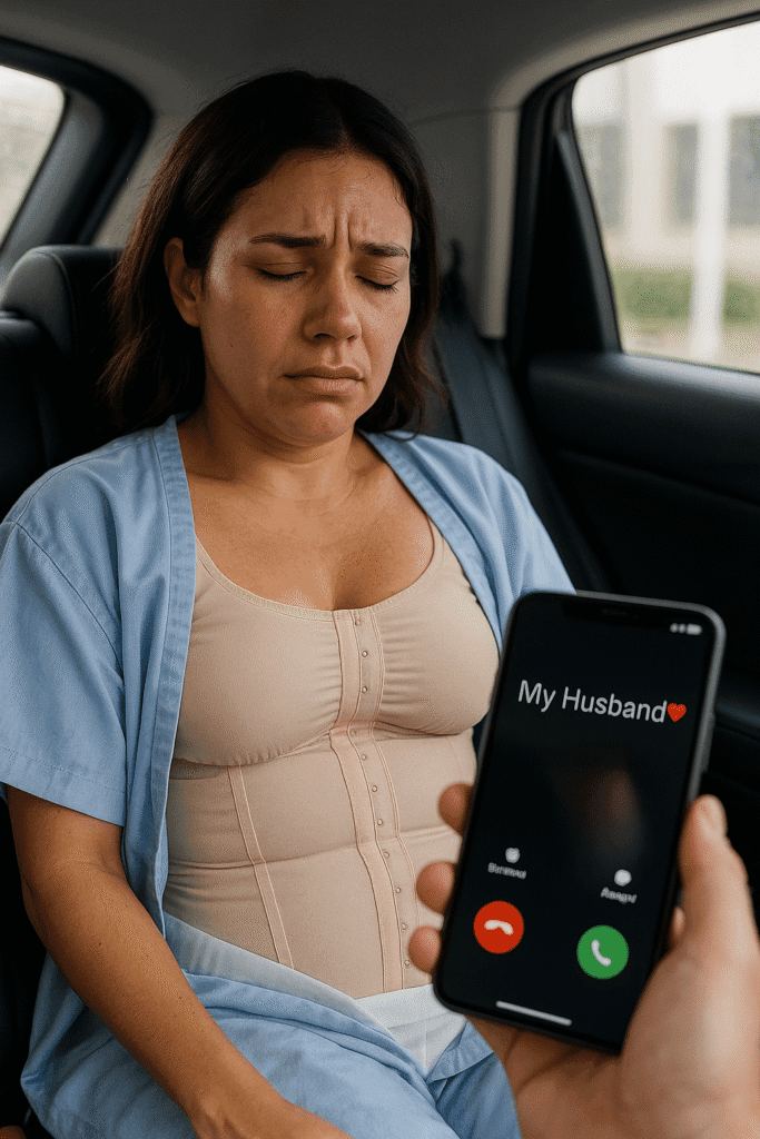 esposo preocupado llamando a su esposa para saber como está durante la recuperacion post operatoria en el transporte hacia su recovery